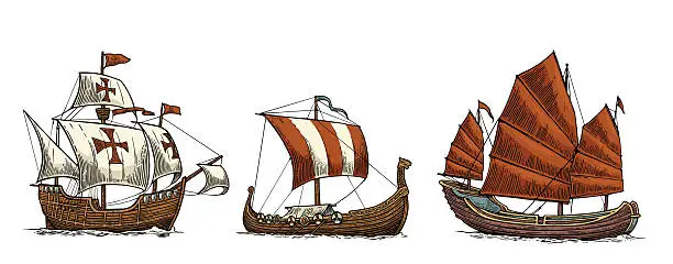 Vector illustration of Caravel, drakkar, junk. Set sailing ships floating sea waves.