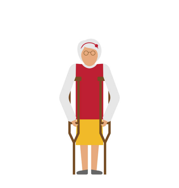 ilustrações de stock, clip art, desenhos animados e ícones de older woman with crutches. disability, elderly, grandmother - human foot pain white background isolated