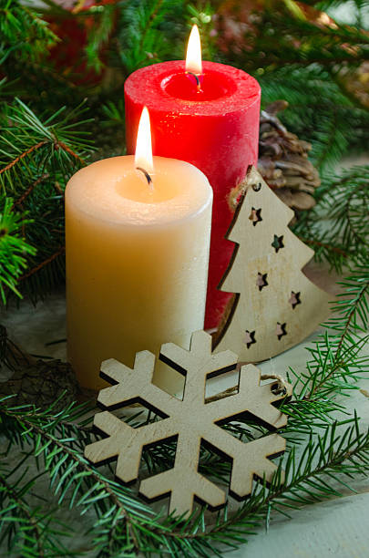 istock New Year and Christmas background with candles decorated Christmas tree 623780660