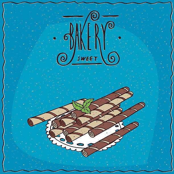 Sweet bright and dark wafer rolls on lacy napkin Sweet wafer rolls, bright and dark, lie on lacy napkin. Blue background and ornate lettering bakery. Handmade cartoon style ice cream with wafer rolls stock illustrations
