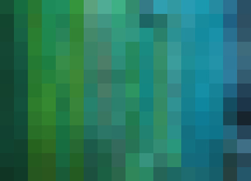 Abstract image of colorful mosaic-like squares, inspired by nature. Primarily shades of green and blue ranging from bright golden-green and turquoise to deep navy and forest green.