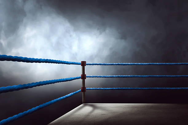 vista de un ring de boxeo regular rodeado de cuerdas azules - boxing ring combative sport fighting conflict fotografías e imágenes de stock