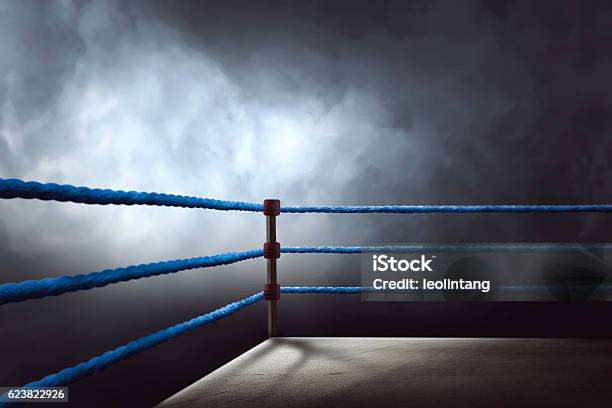 View Of A Regular Boxing Ring Surrounded By Blue Ropes Stock Photo - Download Image Now