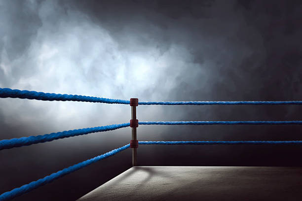 вид на обычный боксерский ринг в окружении синих канатов - boxing ring фотографии стоковые фото и изображения