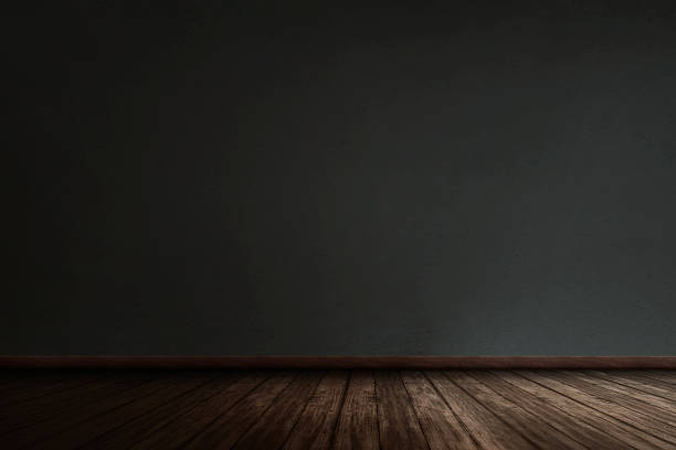 istock Black wall with grunge wooden plank floor 623823262