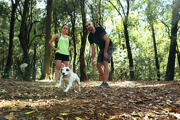 istock Latin couple playing with dog in the forest 623823314