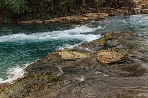 One of the three chutes along the San Marcos River known as Rio Vista Falls, great for tubers, canoers, kayakers and rafters, San Marcos, Texas, USA.