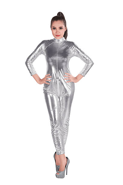 istock Asian woman wearing silver latex suit 623824500