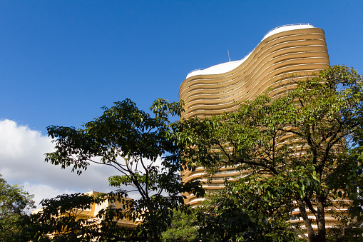 Belo Horizonte, Brazil - December 31, 2000: An exterior view of the Niemeyer building,in Belo Horizonte, Brazil. Designed by Oscar Niemeyer is known as the Niemeyer building in Liberty Square.