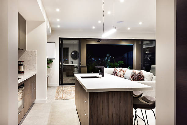 istock Modern kitchen countertop closeup with a view of patio area 623824980