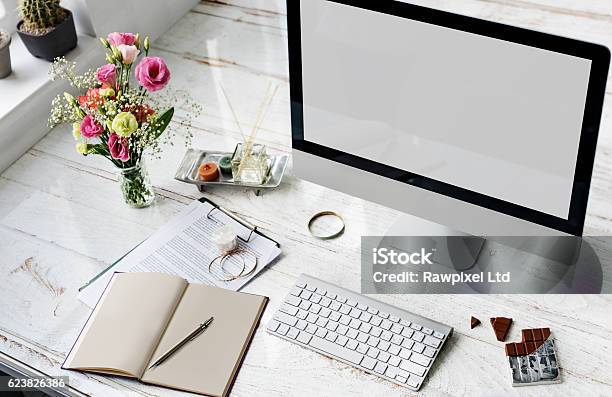 Workspace Style Fashion Copy Space Computer Screen Stock Photo - Download Image Now - Desk, Blogging, Design