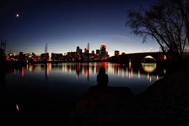 Photo of Minnepolis Skyline and Riverfront at Dusk