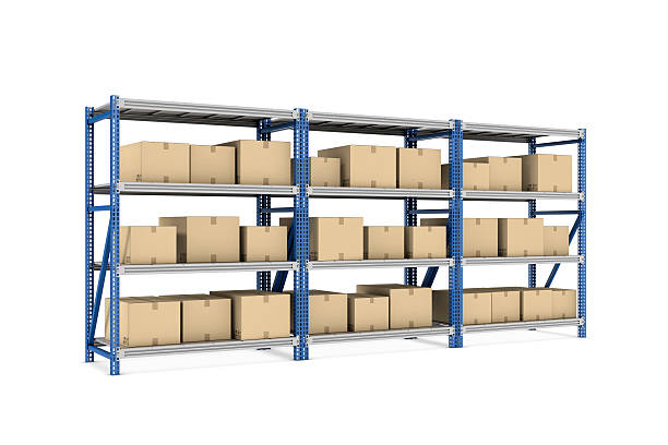 istock Rendering three metal racks put together with beige cardboard boxes 623828222