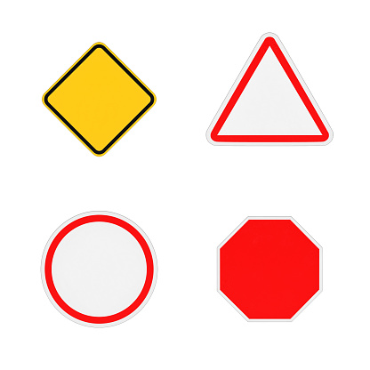 3d rendering of four close-up blank road signs isolated on the white background. Road safety. Traffic regulations. Warning signs and symbols. Information for drivers and pedestrians.
