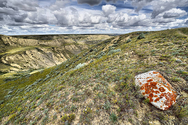 Landscape featuring the eroded environment from Sunken Hill which is located along Lake Diefenbaker.
