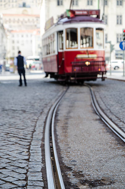 istock Out of focus red and white tramway 623829182