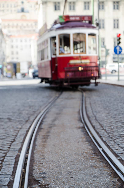 istock Out of focus red and white tramway 623829218