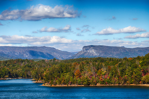 Lake James in North Carolina, USA with the Linville Gorge in the background.