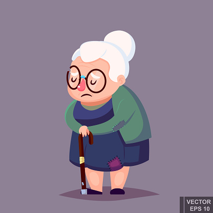 poor old woman in old clothes with cane and glasses