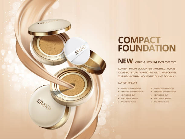 Elegant compact foundation ads Elegant compact foundation ads, 3d illustration foundation product with its texture flowing through it compact mirror stock illustrations