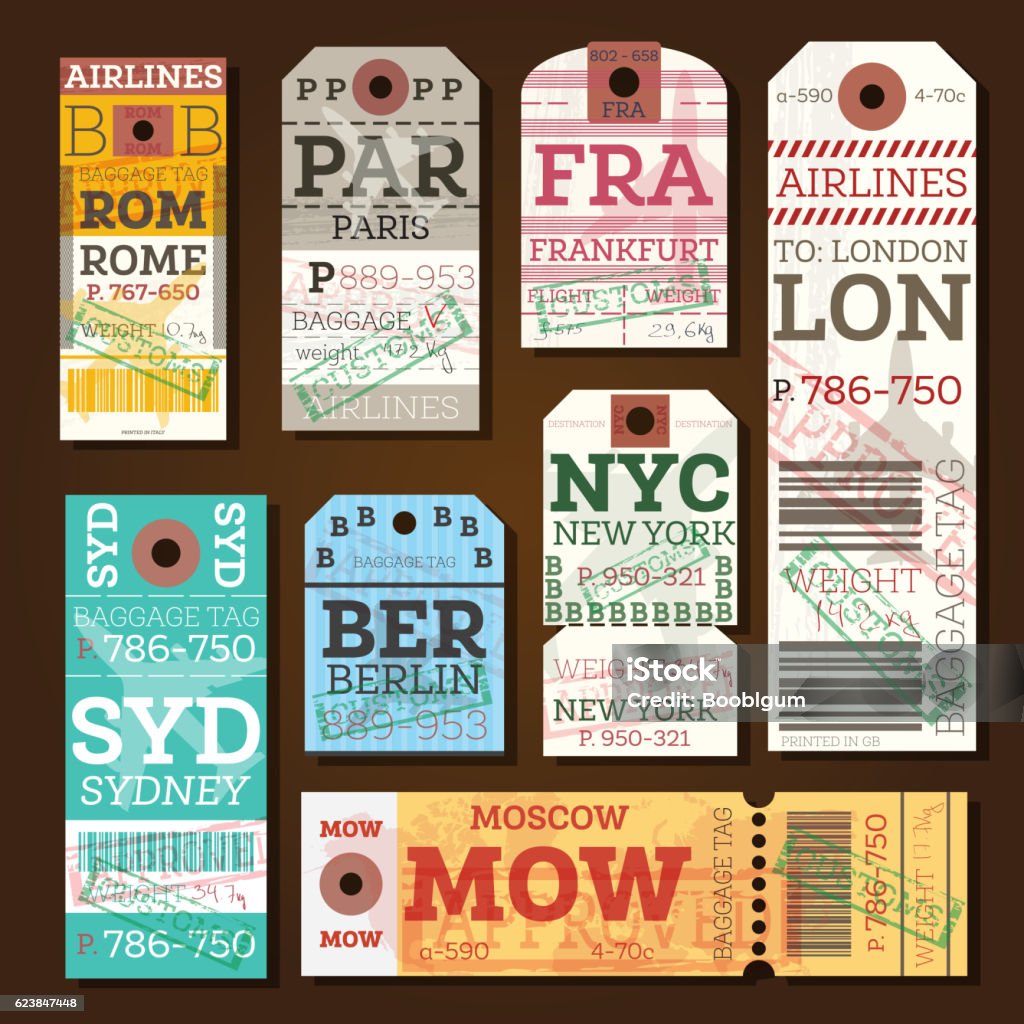 Retro Baggage Tags. Retro Baggage Tags. Vector Illustration. Luggage Label from Rome, Paris, Frankfurt, London, Sydney, Berlin, Moscow and New York. Luggage Tag stock vector