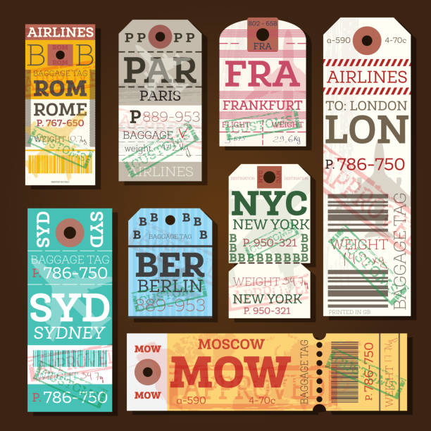 Retro Baggage Tags. Retro Baggage Tags. Vector Illustration. Luggage Label from Rome, Paris, Frankfurt, London, Sydney, Berlin, Moscow and New York. luggage tag stock illustrations