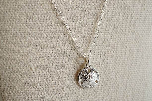 istock Silver sand dollar charm necklace on fabric background 623848296