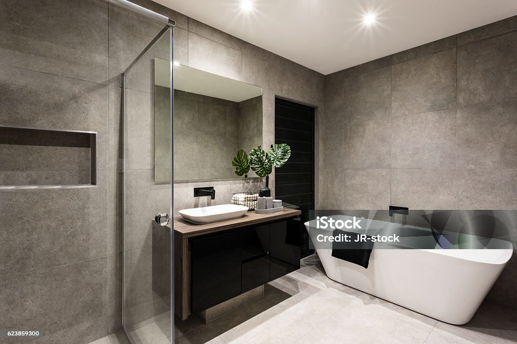 Modern bathroom with a shower area and bathtub Modern bathroom with a shower area and bath tub including a wall mirror beside a fancy plant near a tap and sink over the wooden counter and dark cupboard Bathtub Stock Photo