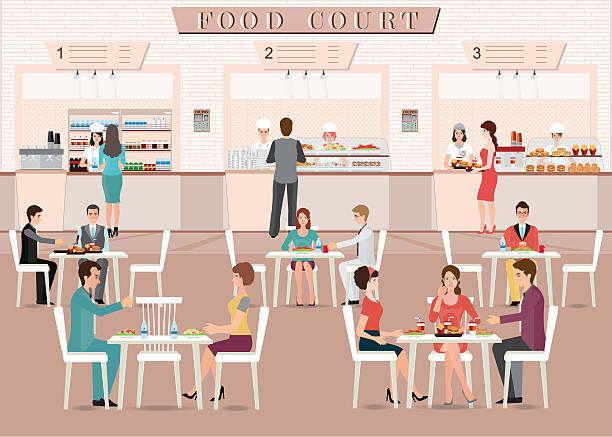 menschen essen in einem food court in einem einkaufszentrum. - kaffe auf glastisch stock-grafiken, -clipart, -cartoons und -symbole