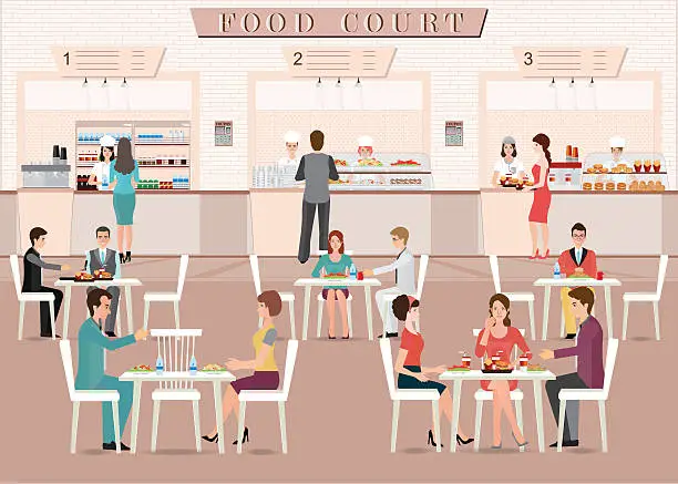 Vector illustration of People eating in a food court in a shopping mall.