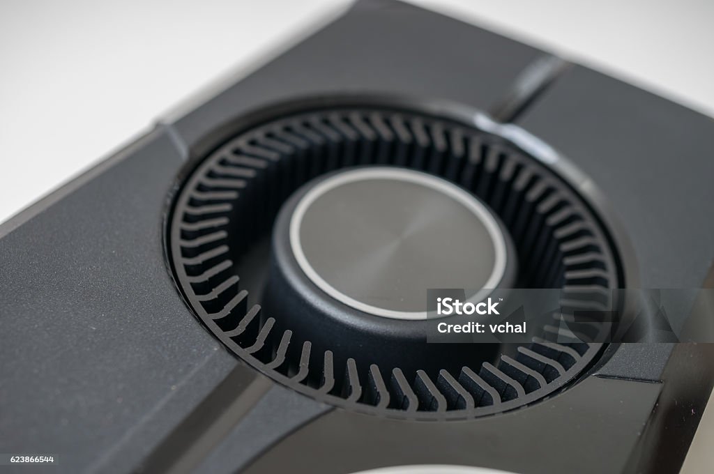 Cooling fan of blower cooler of videocard. Brand Name Video Game Stock Photo