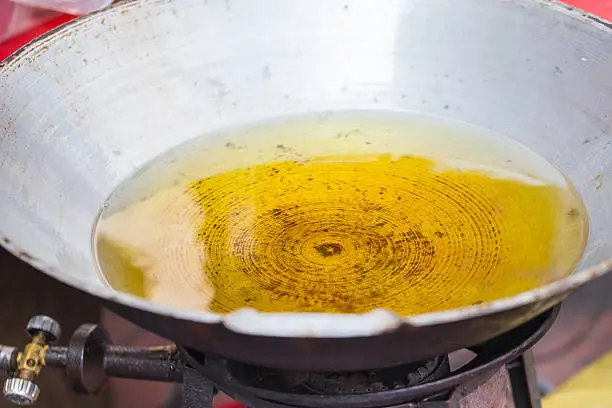 Photo of used plam food oil in street kitchen stall frying pan.