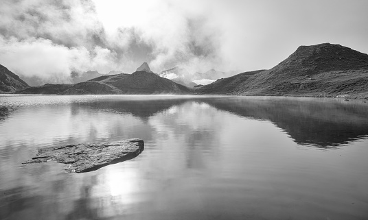 Calm Alpine Lake Black And White Stock Photo - Download Image Now ...