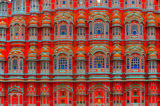 This close-up image of the windows or jharokhas of Hawa Mahal shows the immense talent of the Indian architects,masons, and craftsmen in the 18th.century.
