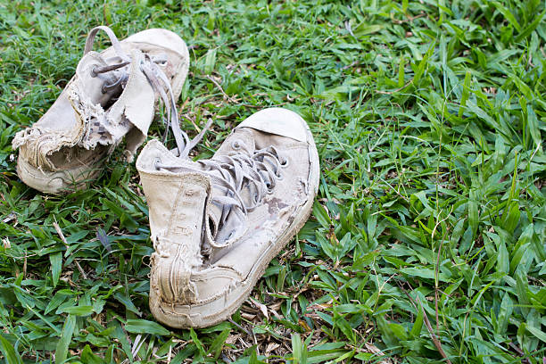 A lost worn-out brown color shoe in the woods with twigs covering the ground. Pine forest in background.