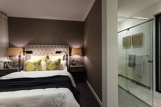 istock Modern bedroom of a  hotel attached to a bathroom 623880104