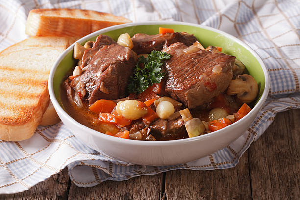 istock Freshly cooked Beef Bourguignon close up in a bowl. horizontal 623880710
