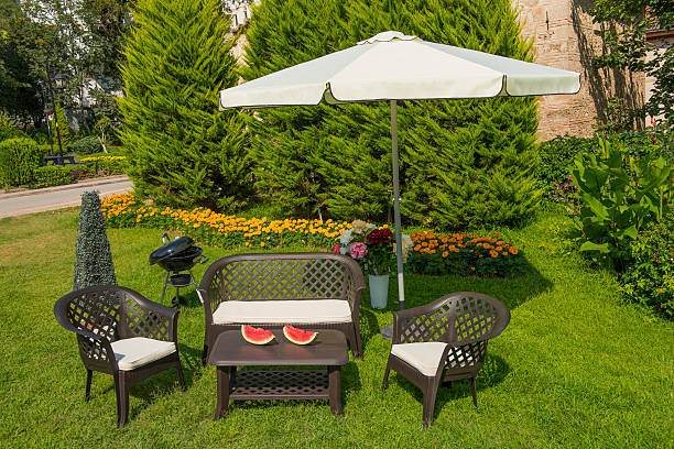 istock Garden with Wooden Dining Table Set 623882062