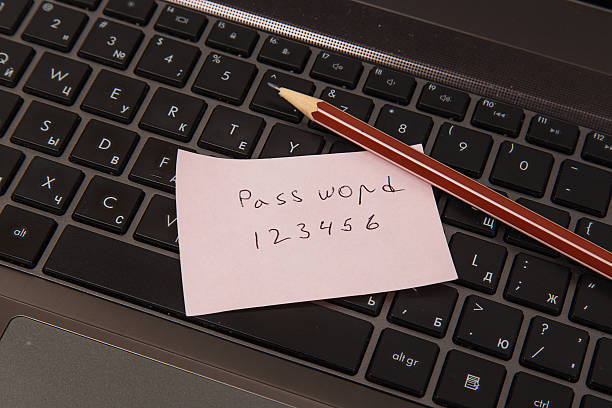 istock Sticky note with password and pencil on black laptop 623884918
