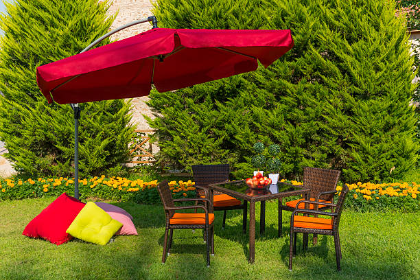 istock Garden with Wooden Dining Table Set 623885926