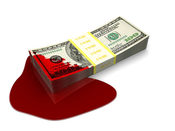 blood money 3d illustration of dollars stack splattered with blood bloody money stock pictures, royalty-free photos & images
