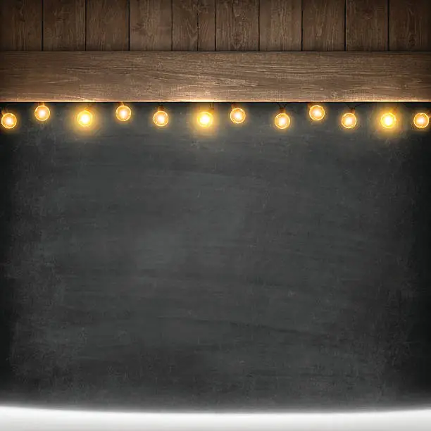 Vector illustration of Christmas Lights on Wooden Boards and Blank Chalkboard with snow