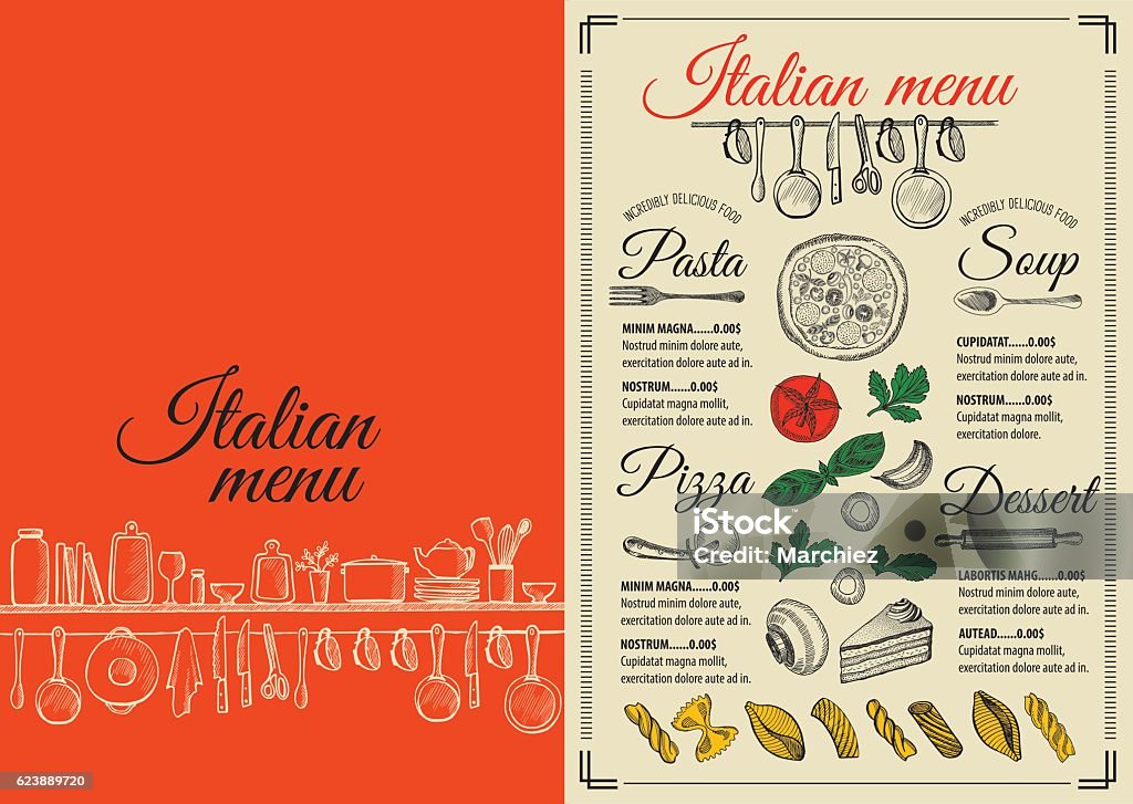 Menu italian restaurant, food template placemat. Italian menu placemat food restaurant brochure, template design. Vintage creative pizza flyer with hand-drawn graphic. Italian Culture stock vector