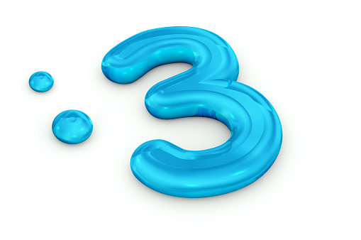 3D rendering of Number three made of water isolated on white background.