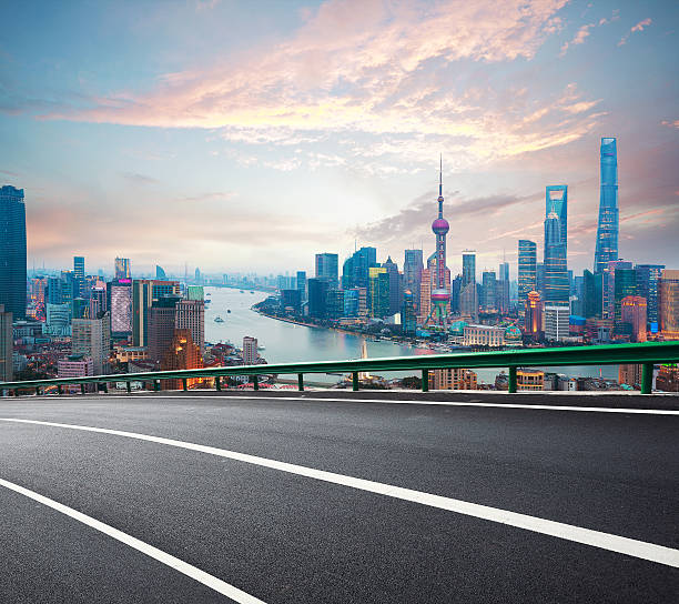 istock Empty road floor with bird-eye view at Shanghai bund Skyline 623896248
