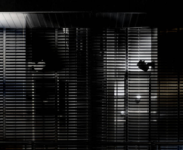 Grunge photo of louvered windows. Abstract modern architecture. Grunge photo of louvered windows. Abstract modern architecture in black and white. Fragment of contemporary industrial or office building. dark window blinds stock pictures, royalty-free photos & images