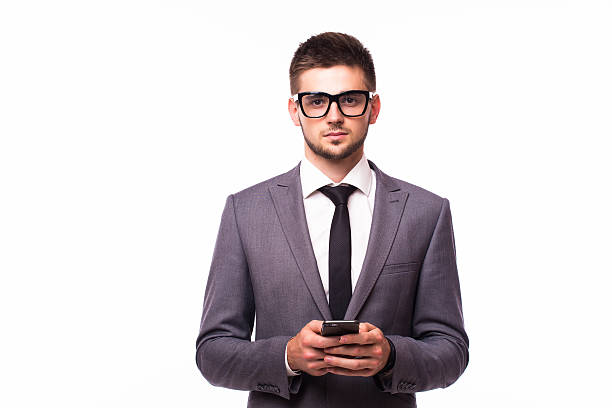 istock Businessman with phone look at camera 623897618