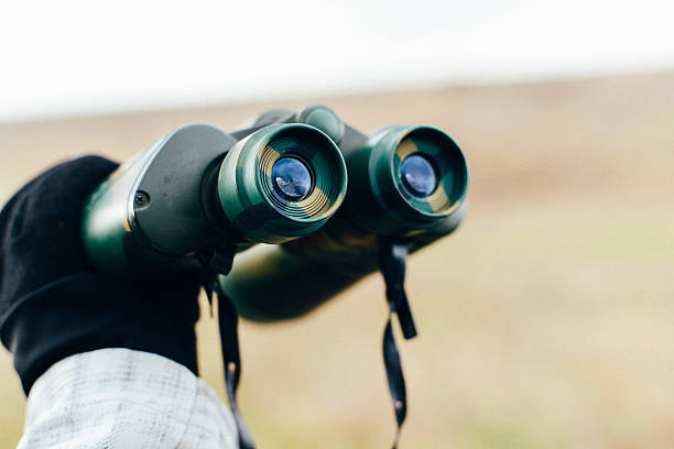 istock Young woman looking through binoculars on a autumn nature. Binoc 623897642