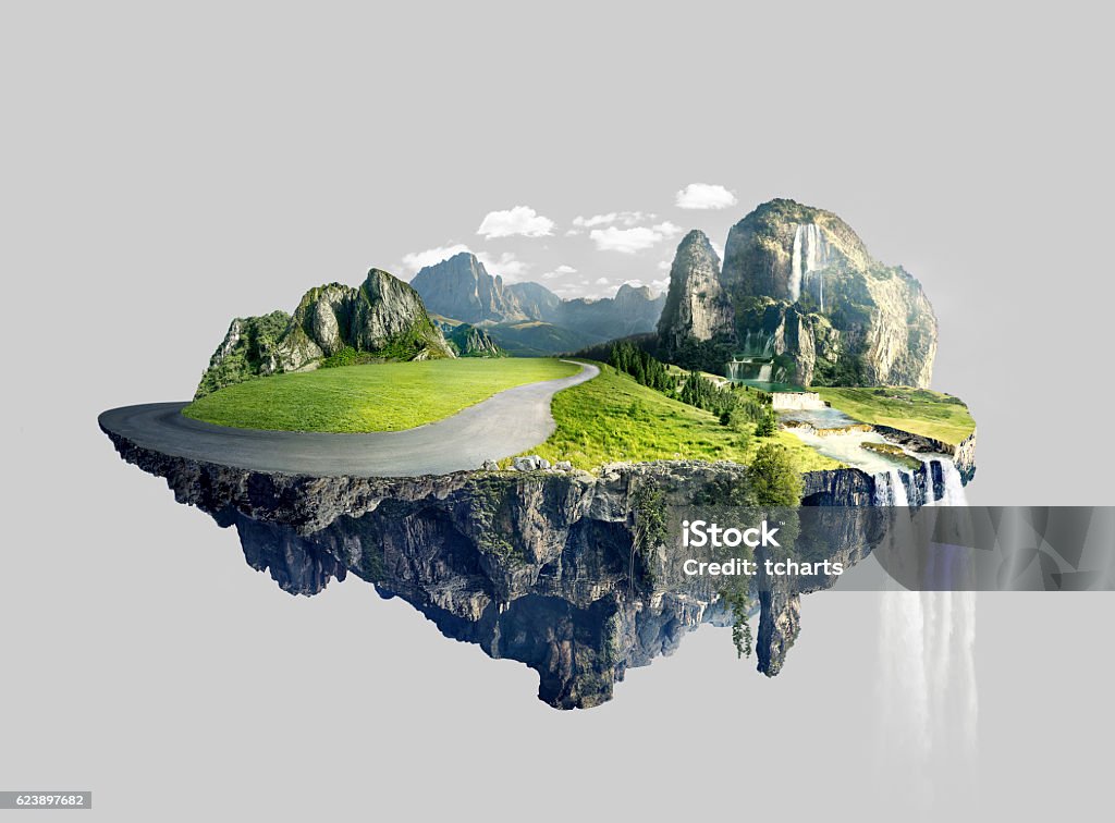 Amazing island with grove floating in the air Globe - Navigational Equipment Stock Photo
