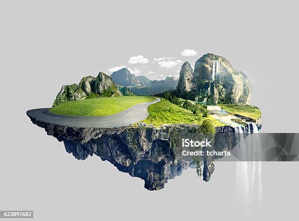 Amazing Island With Grove Floating In The Air Stock Photo - Download Image Now - Globe - Navigational Equipment, Mid-Air, Environmental Conservation